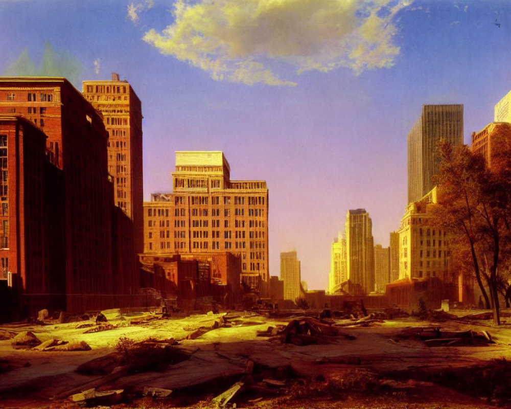 Desolate post-apocalyptic urban landscape with damaged roads and abandoned buildings