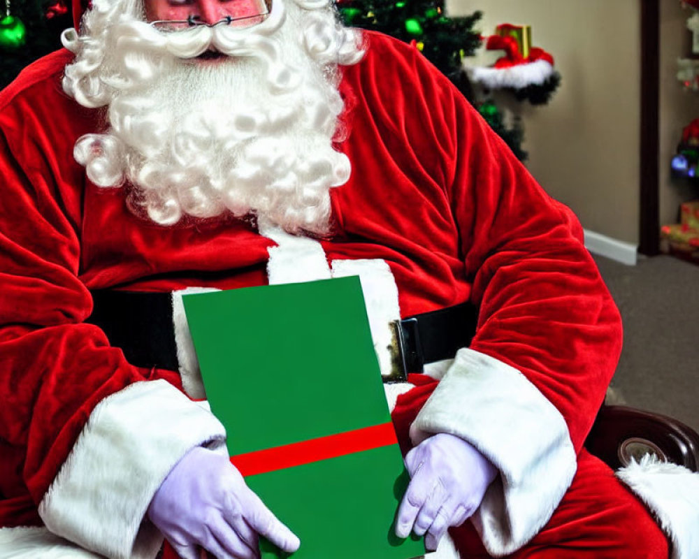 Santa Claus costume person with gift near Christmas tree