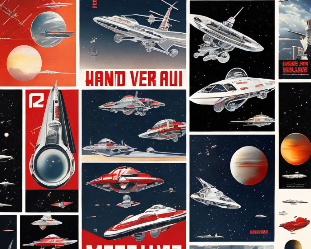 Vintage-style Posters Featuring Futuristic Spacecraft and Planets