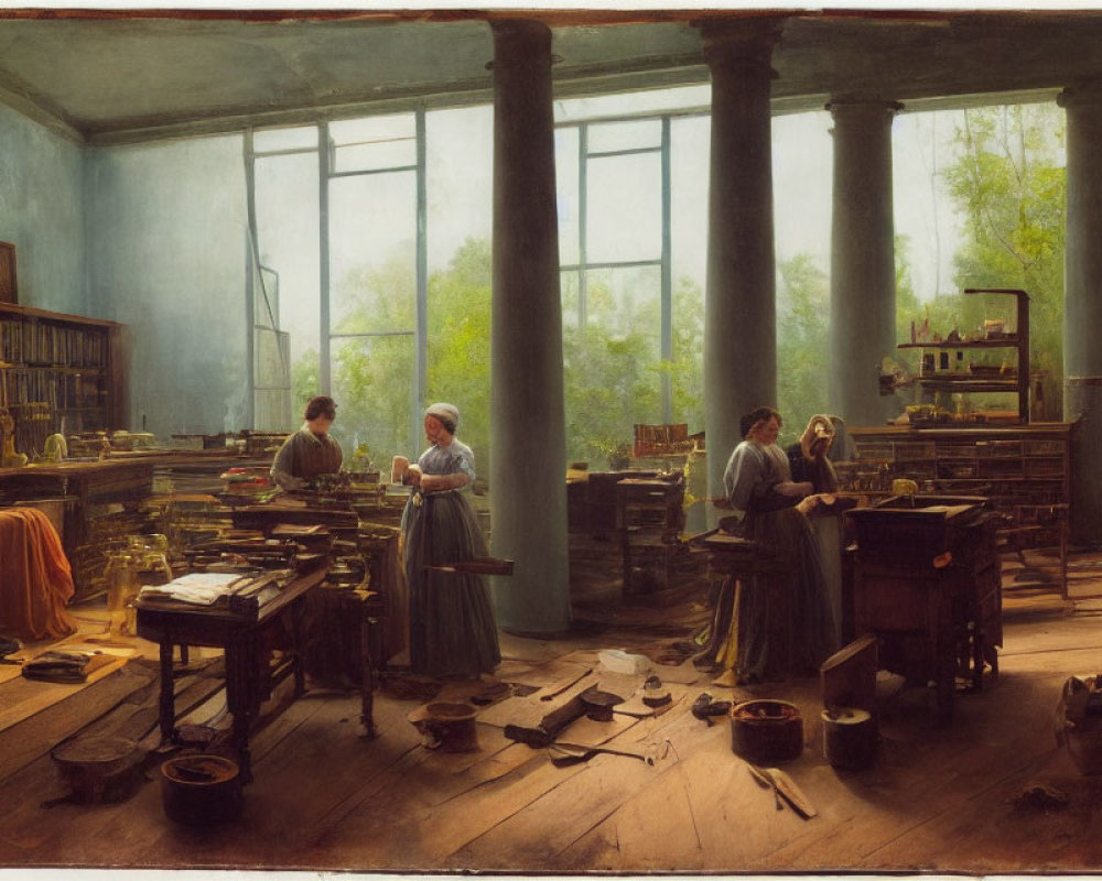 19th-Century Interior Scene with Four Individuals in Period Attire Working in Sunlit, Cl