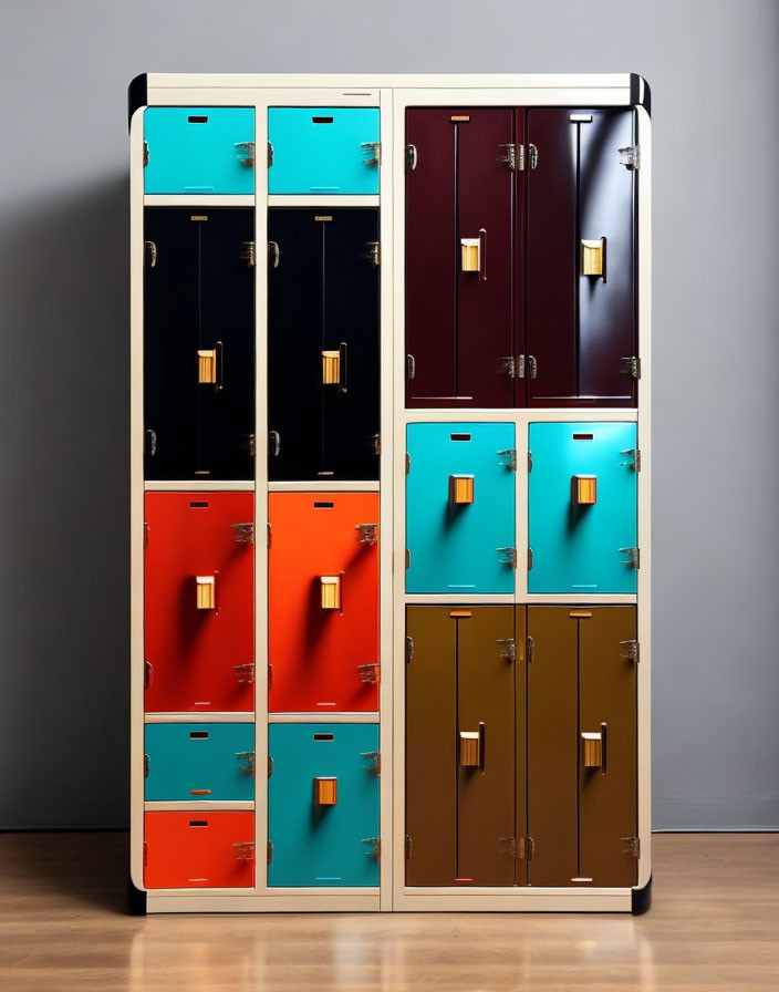 Vibrant metal lockers in teal, orange, burgundy, and olive colors