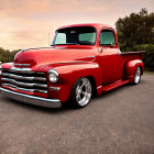 Classic Red Pickup Truck with Chrome Accents and Custom Wheels Outdoors at Dusk