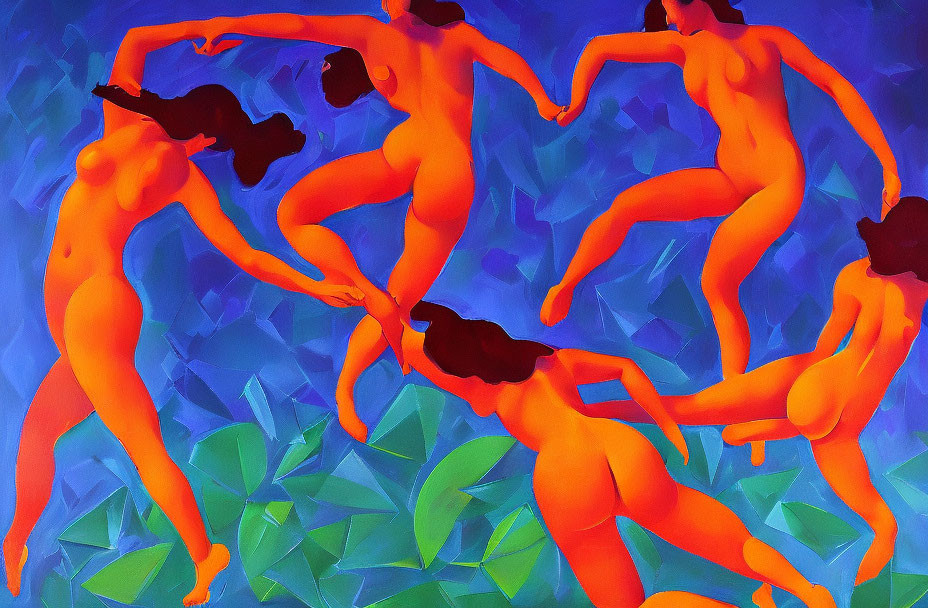 Colorful Abstract Painting: Orange Human Figures on Blue Background