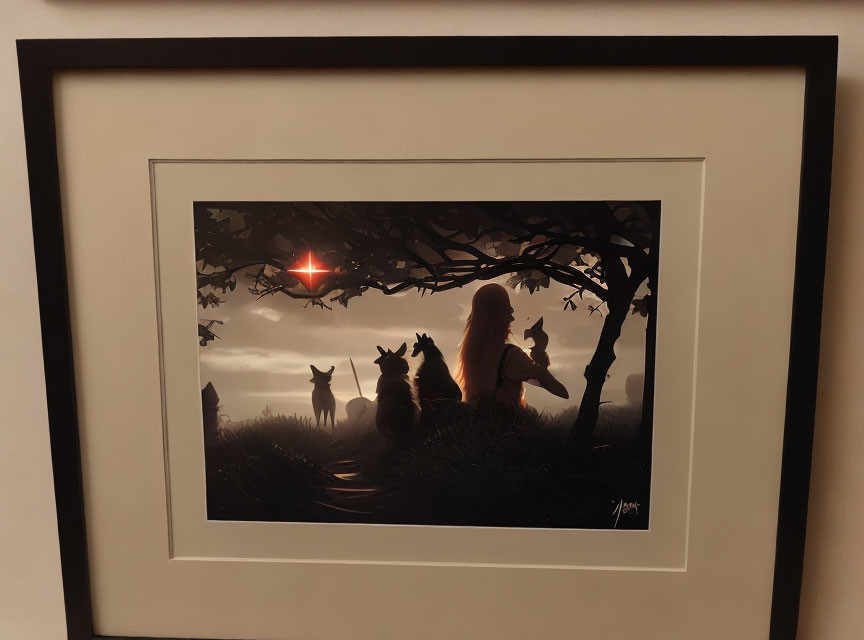 Framed artwork: Girl under tree at sunset with cat and fox