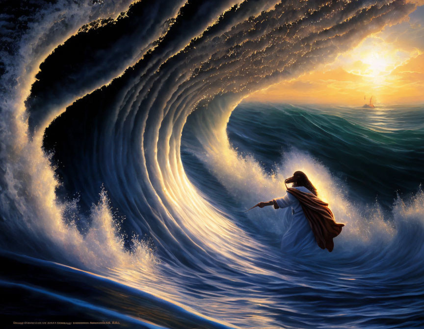 Biblical character parting towering sea wave with sunlight piercing through.