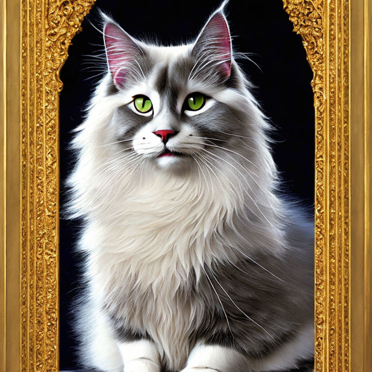 Long-haired cat with green eyes in ornate golden frame