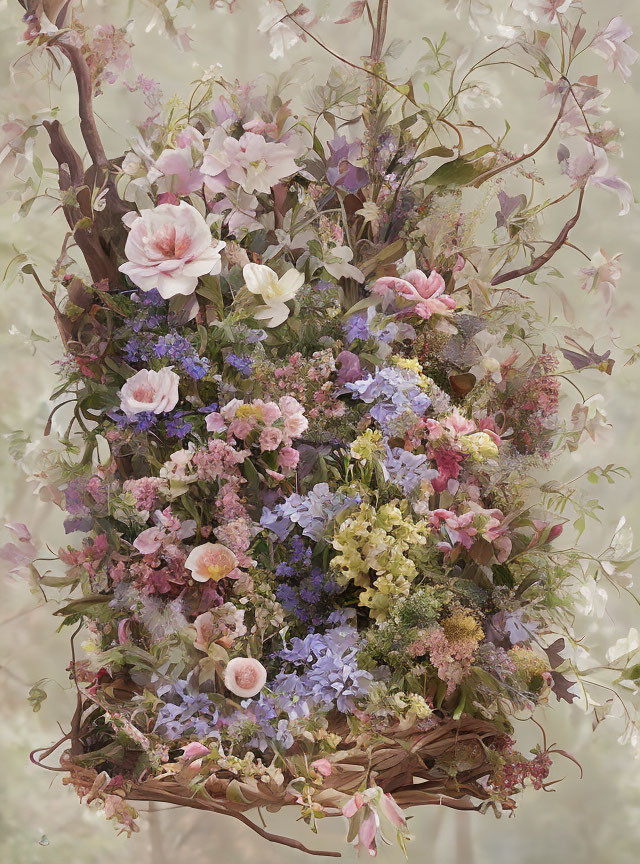 Pastel floral arrangement in wicker basket against woodland backdrop