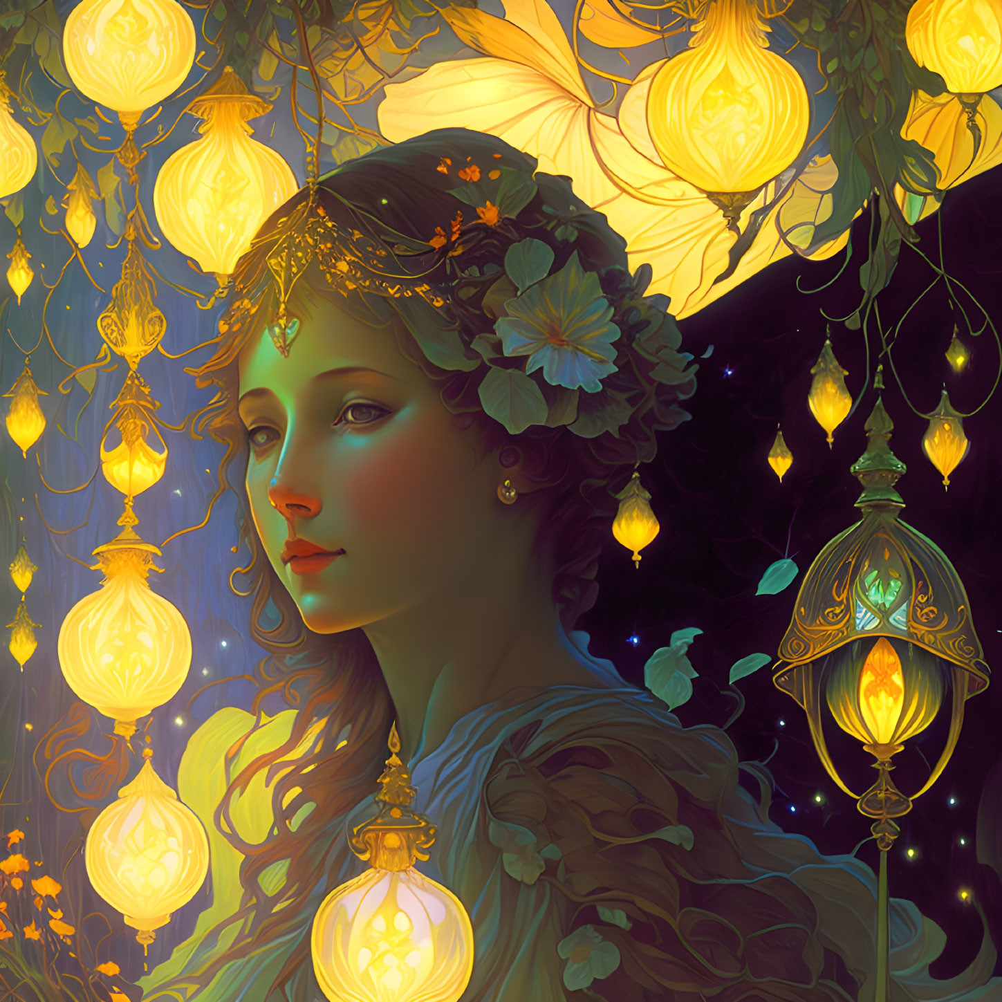Illustrated woman with floral crown and lanterns in dark, starry scene