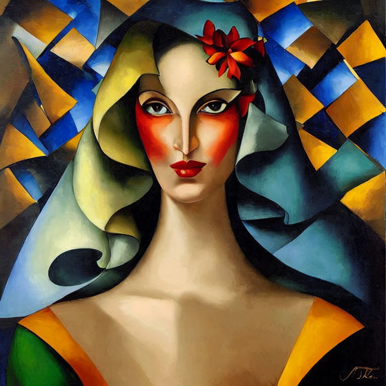Cubist-style painting of woman with red flower, geometric shapes & vibrant colors