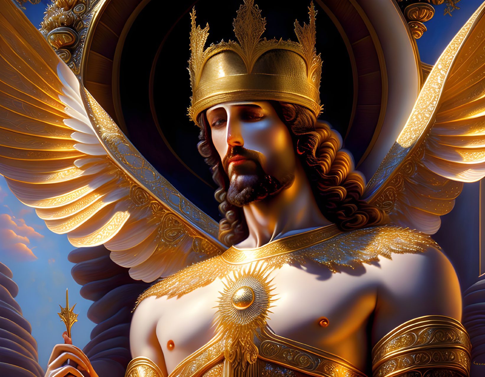 Regal angelic king in golden armor and crown with scepter on glowing backdrop