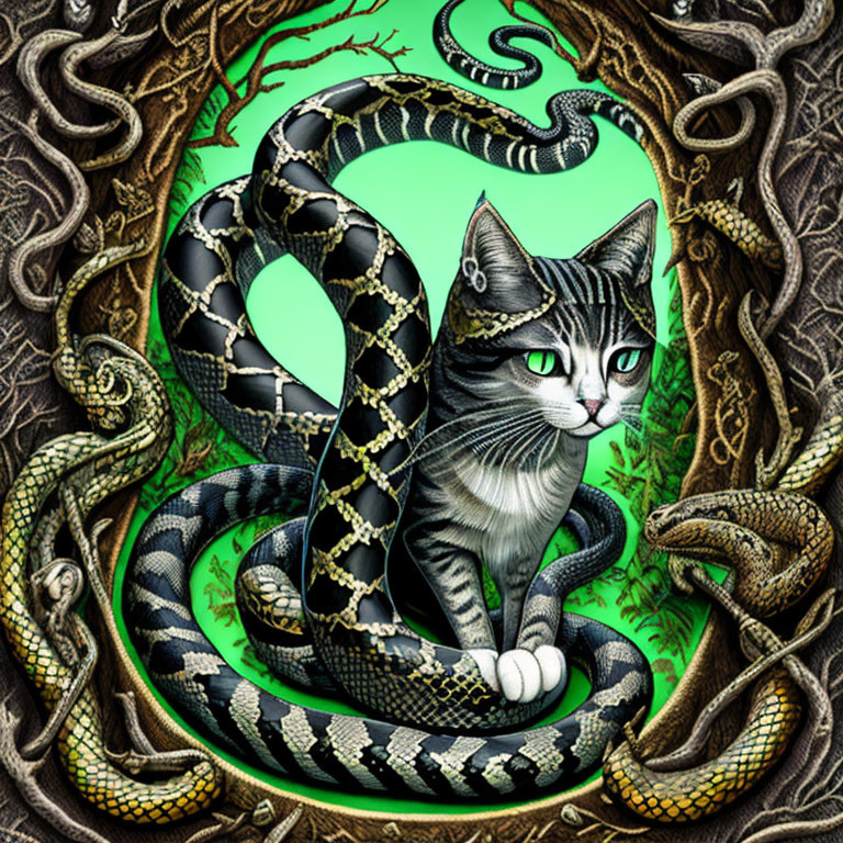 Tabby Cat Surrounded by Serpents in Twisted Branch Frame