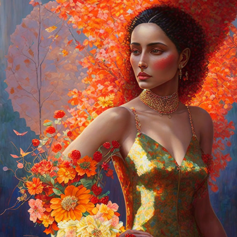 Woman portrait with autumnal flowers and leaves in vibrant fall setting