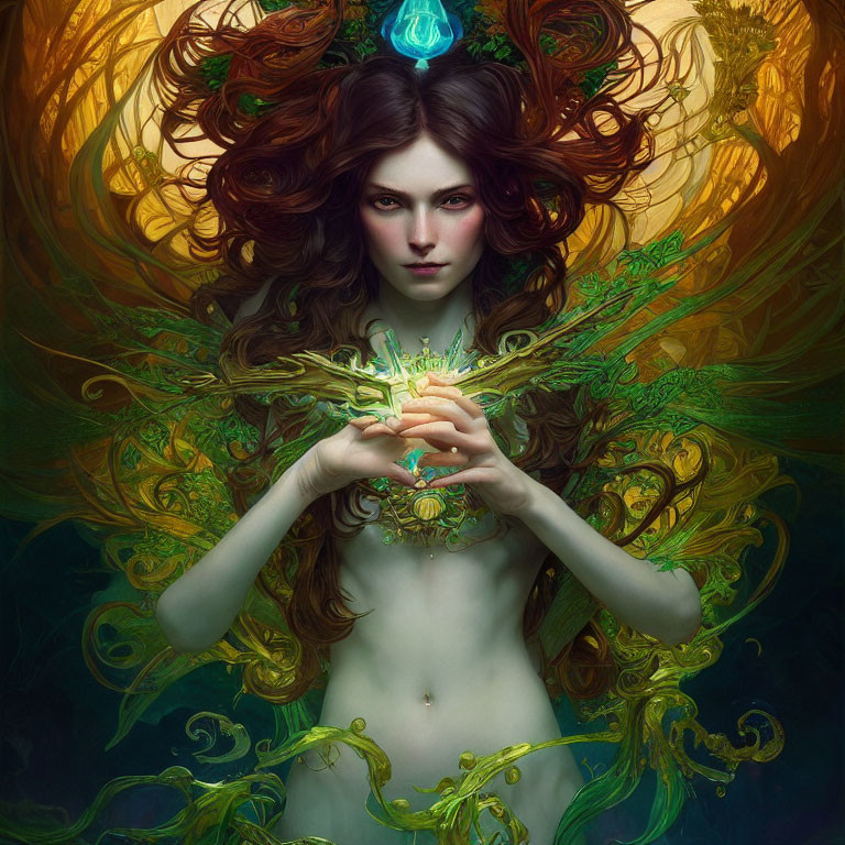 Voluminous wavy hair on female figure with glowing organic shapes and luminous object