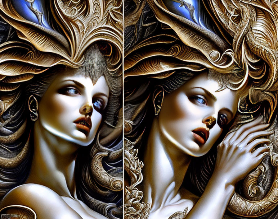Stylized woman with golden hair and baroque headdress in diptych