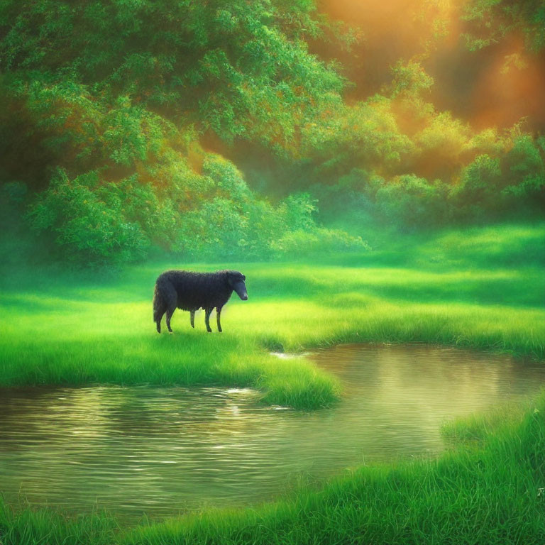 Black sheep by tranquil pond in lush meadow with sunlit trees
