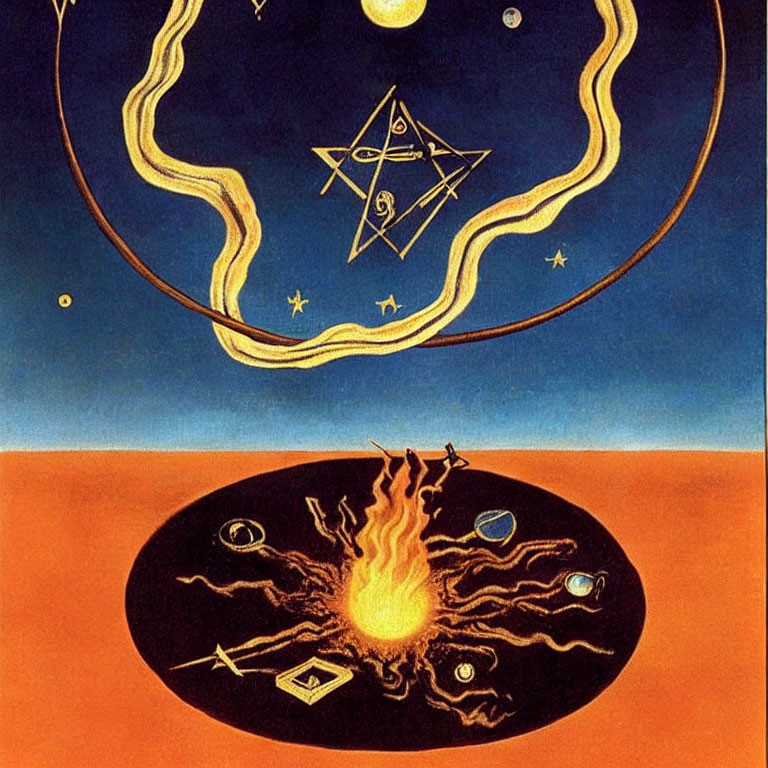 Surrealist Painting: Fiery Sun, Cosmic Symbols, Geometric Shapes