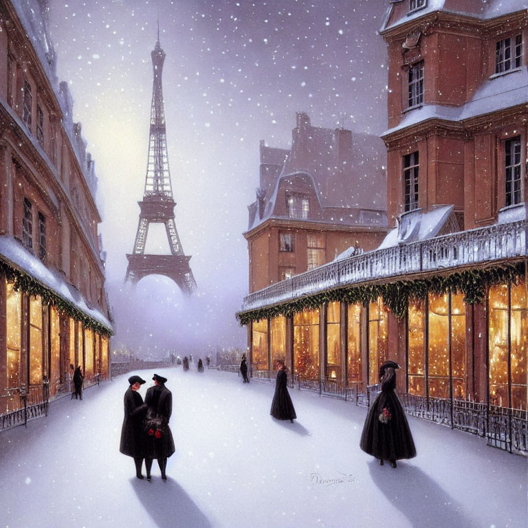 Vintage Clothing Snow-Covered Paris Street Scene with Eiffel Tower