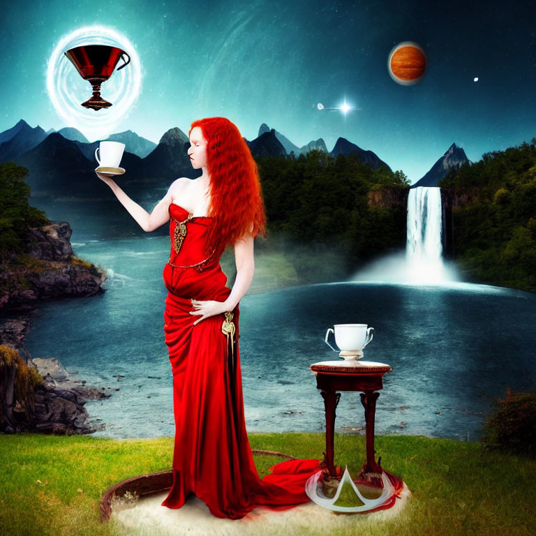 Woman in Red Dress with Floating Cup by Waterfall in Surreal Landscape
