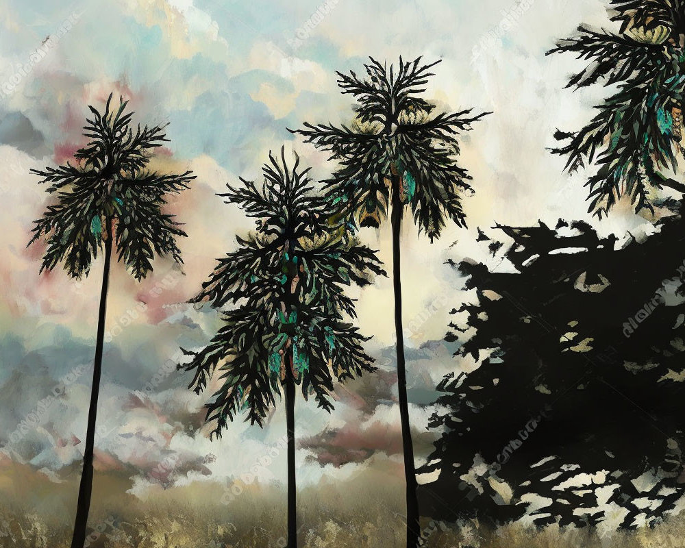 Pastel-colored palm trees against textured sky with dark foliage silhouette