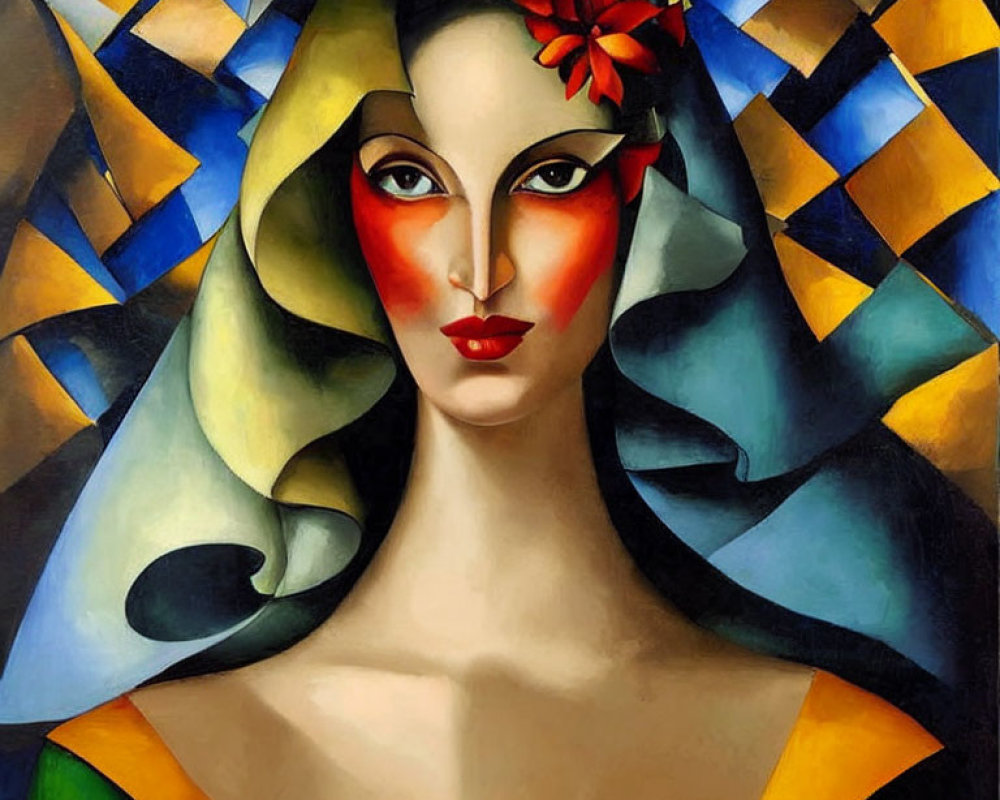 Cubist-style painting of woman with red flower, geometric shapes & vibrant colors