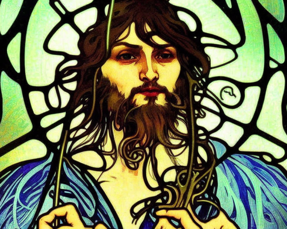 Bearded figure in stained glass style with flowing hair.