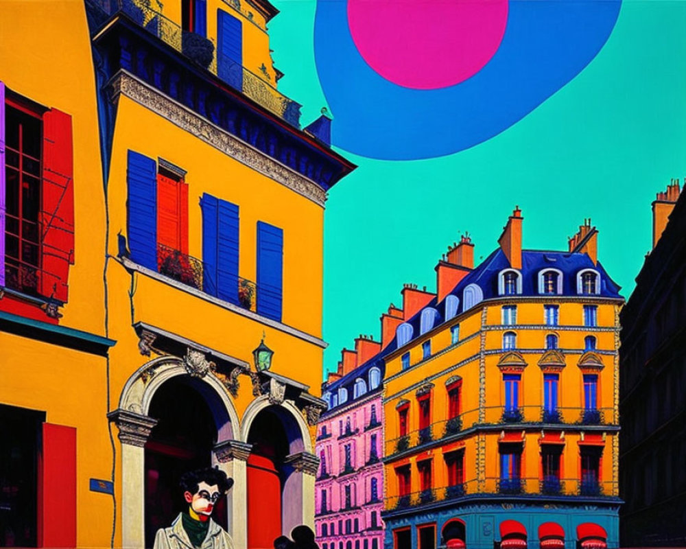 Colorful Cityscape Illustration with Oversized Moon and Sunglasses Person