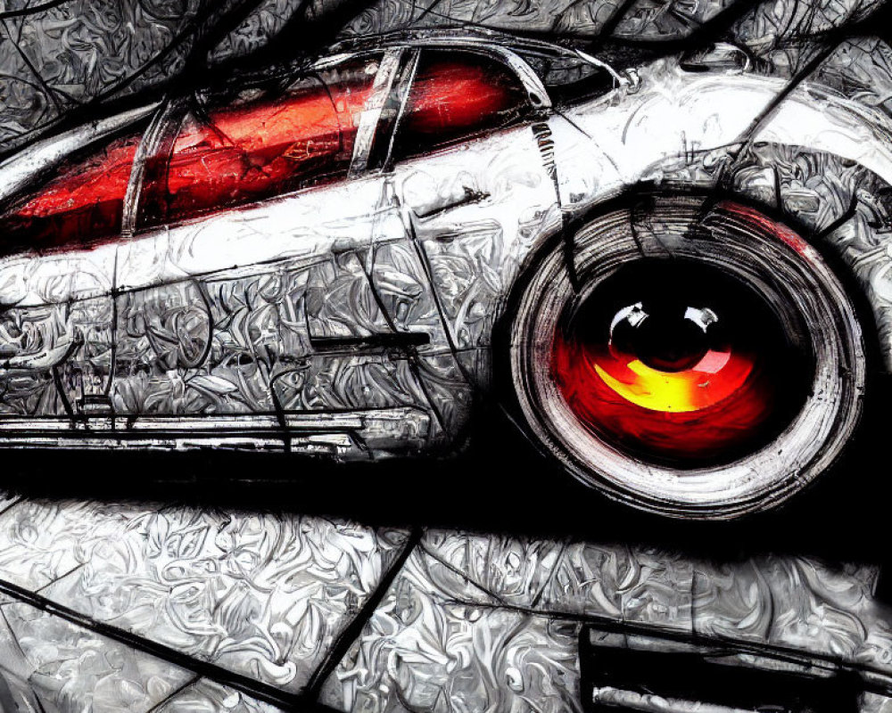 Stylized rear view of silver car with glowing red brake light surrounded by swirling brushstrokes
