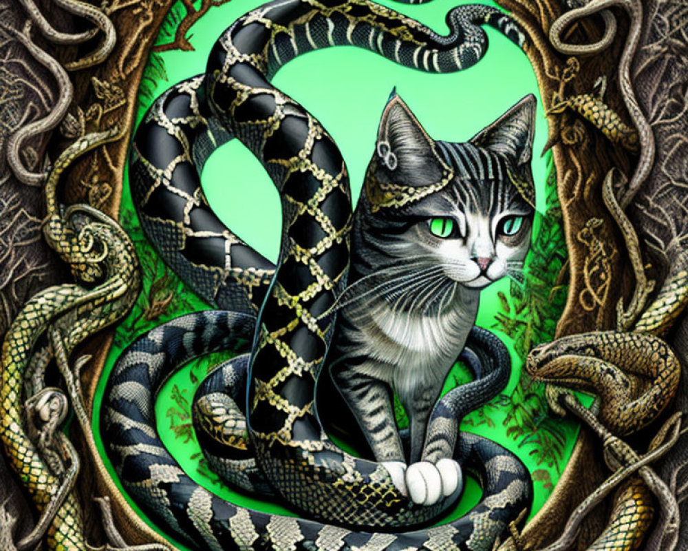 Tabby Cat Surrounded by Serpents in Twisted Branch Frame