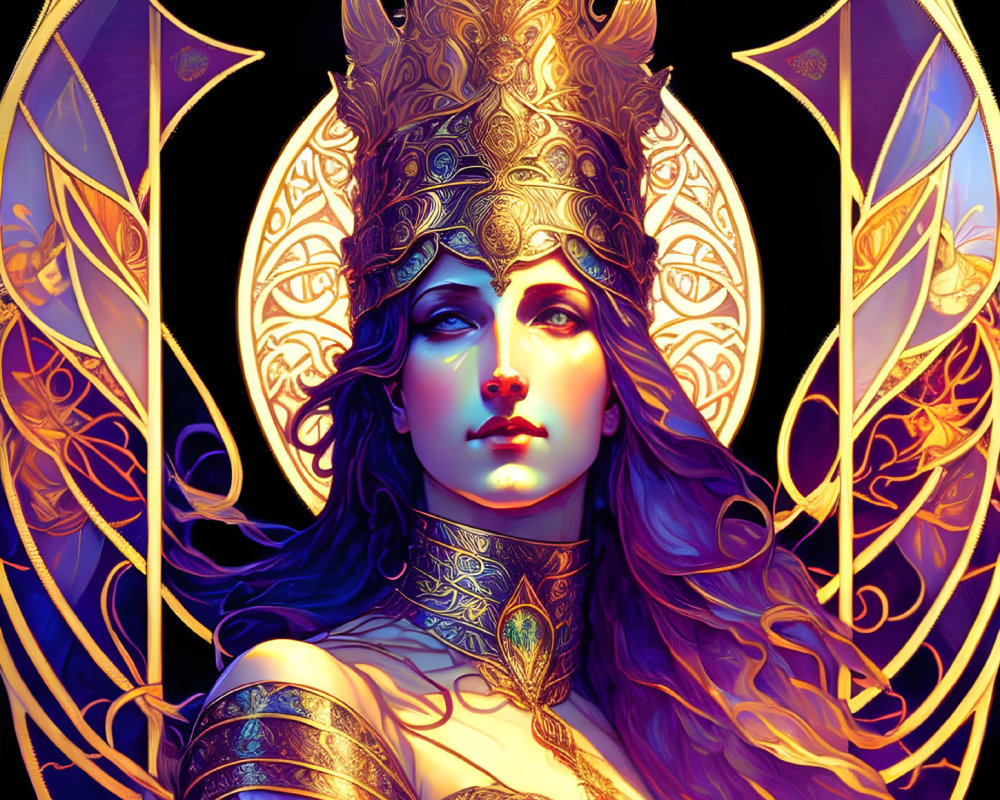Regal female figure in golden armor on purple backdrop