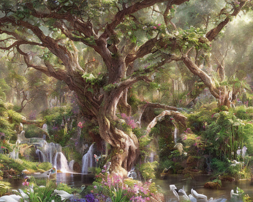 Majestic tree, waterfalls, lush flora, and white birds in enchanting forest