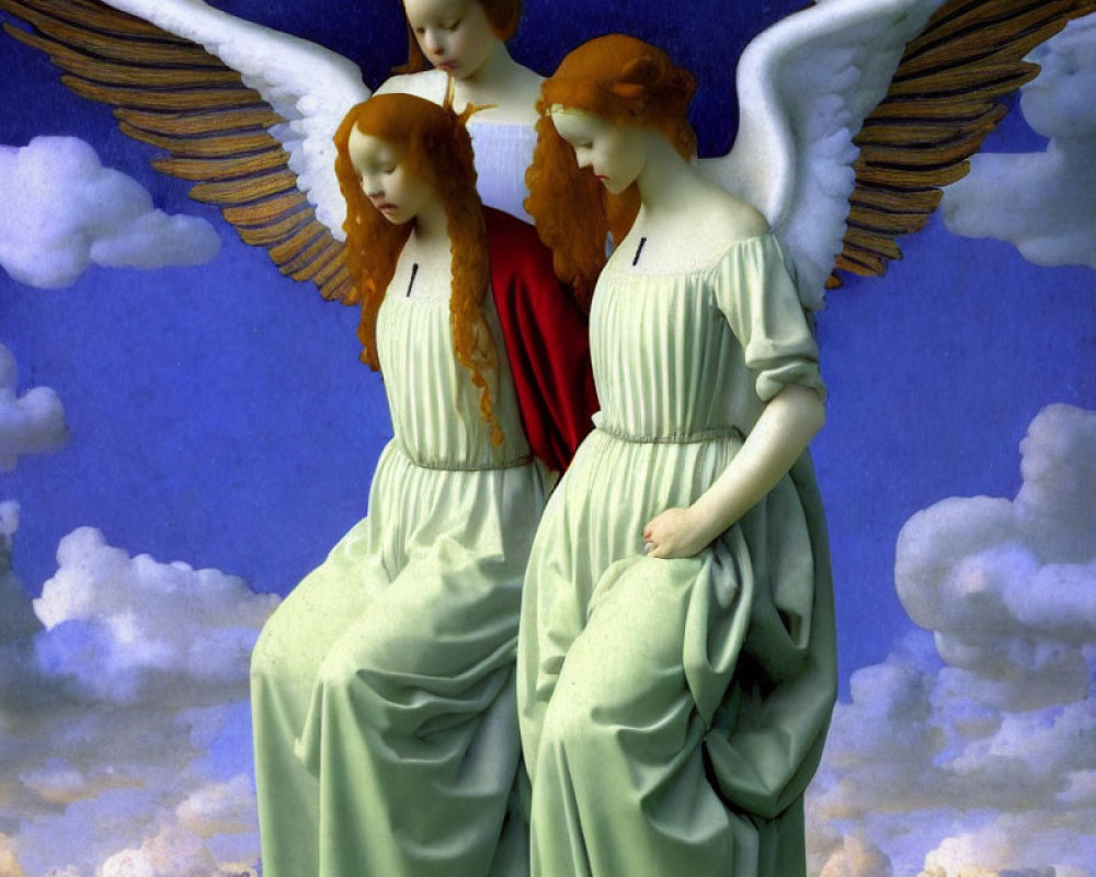 Angels in flowing robes and wings against blue sky with clouds.