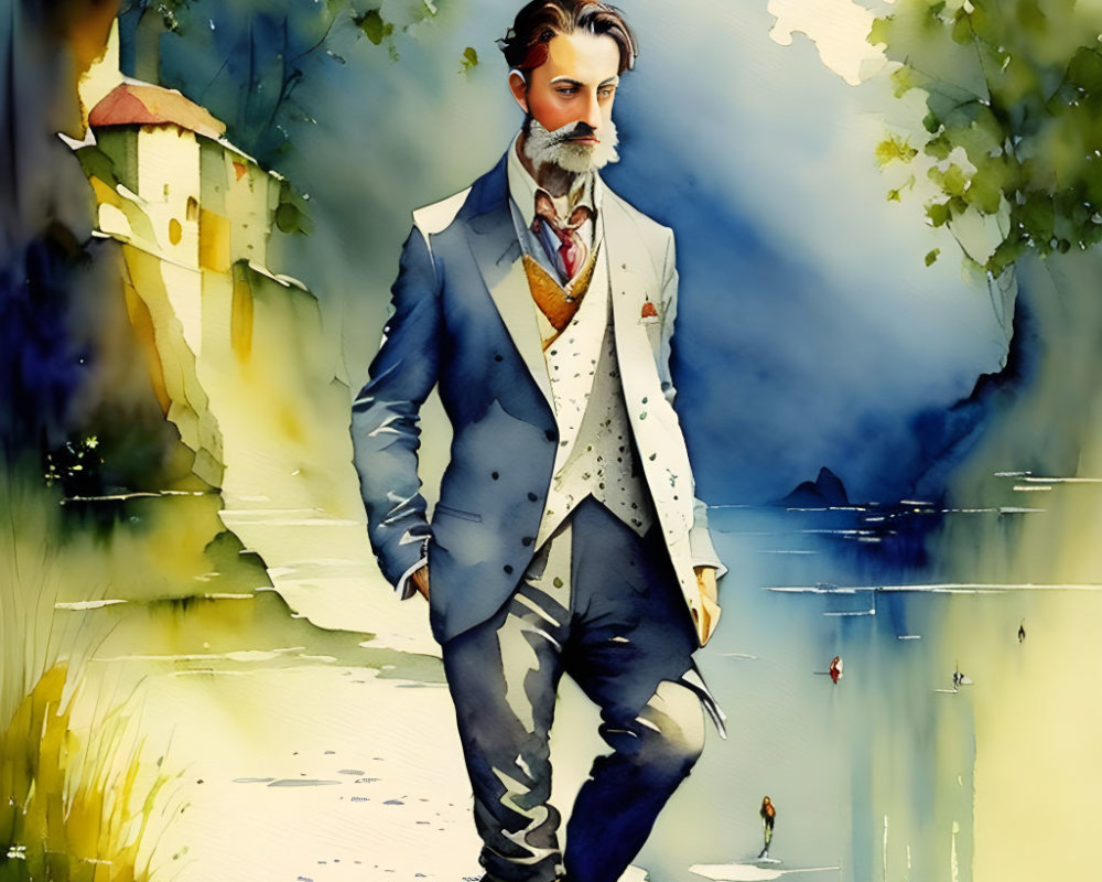 Stylish man with beard in blue suit by tranquil lake