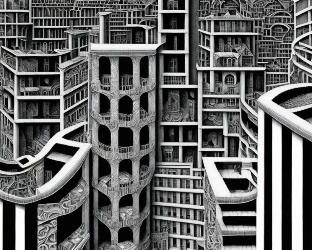 Detailed Black and White Surreal Architectural Maze Illustration