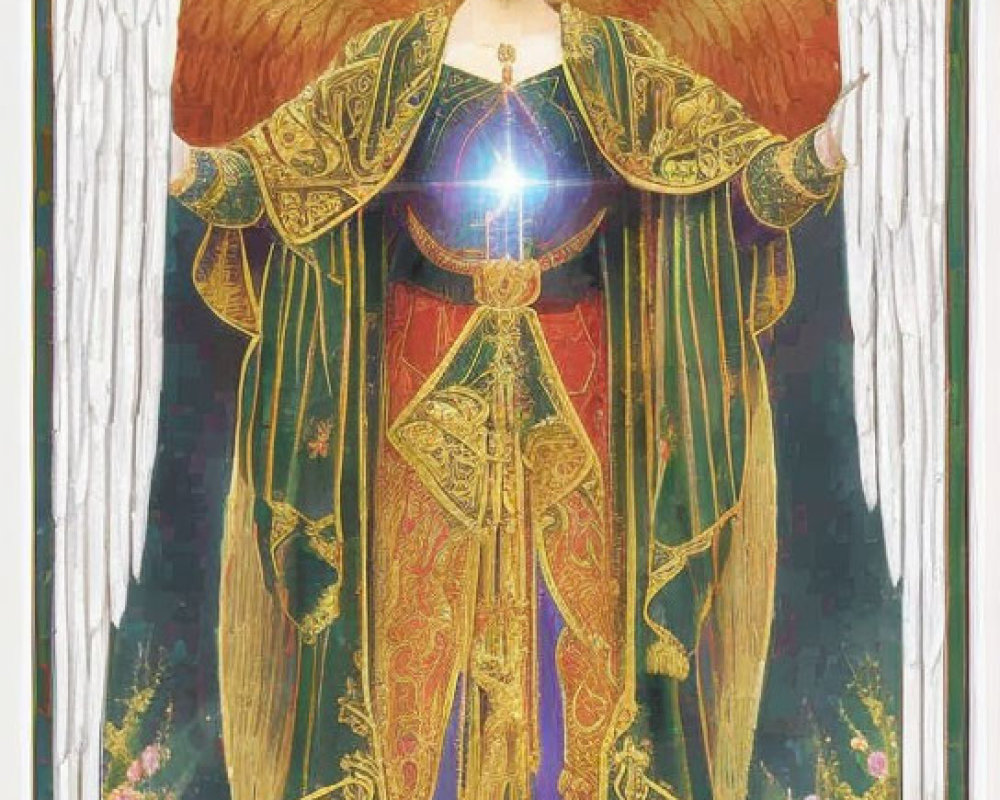 Majestic winged figure with halo in ornate green and gold robes, holding radiant light,
