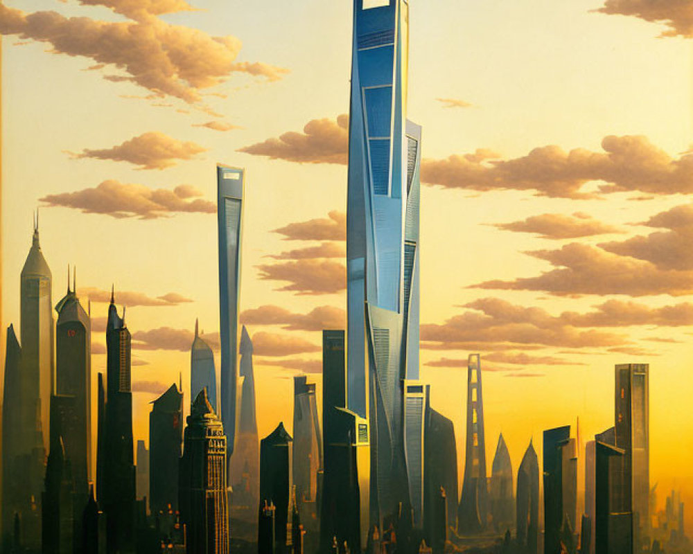 Futuristic city skyline at sunrise with towering skyscrapers