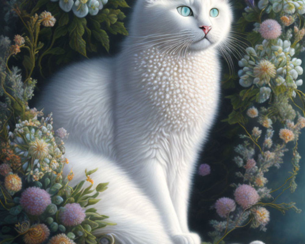 White Cat with Blue Eyes Surrounded by Flowers and Snail