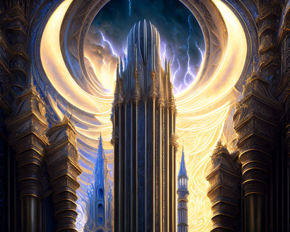 Fantasy Cathedral with Glowing Ornate Design and Cosmic Sky