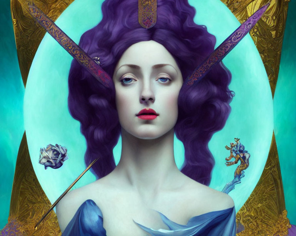 Portrait of Woman with Purple Hair and Golden Accessories on Teal Background