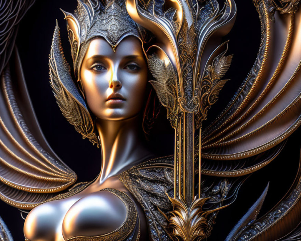Detailed Crown and Metallic Armor on Ornate Figure in Elaborate Filigree Designs