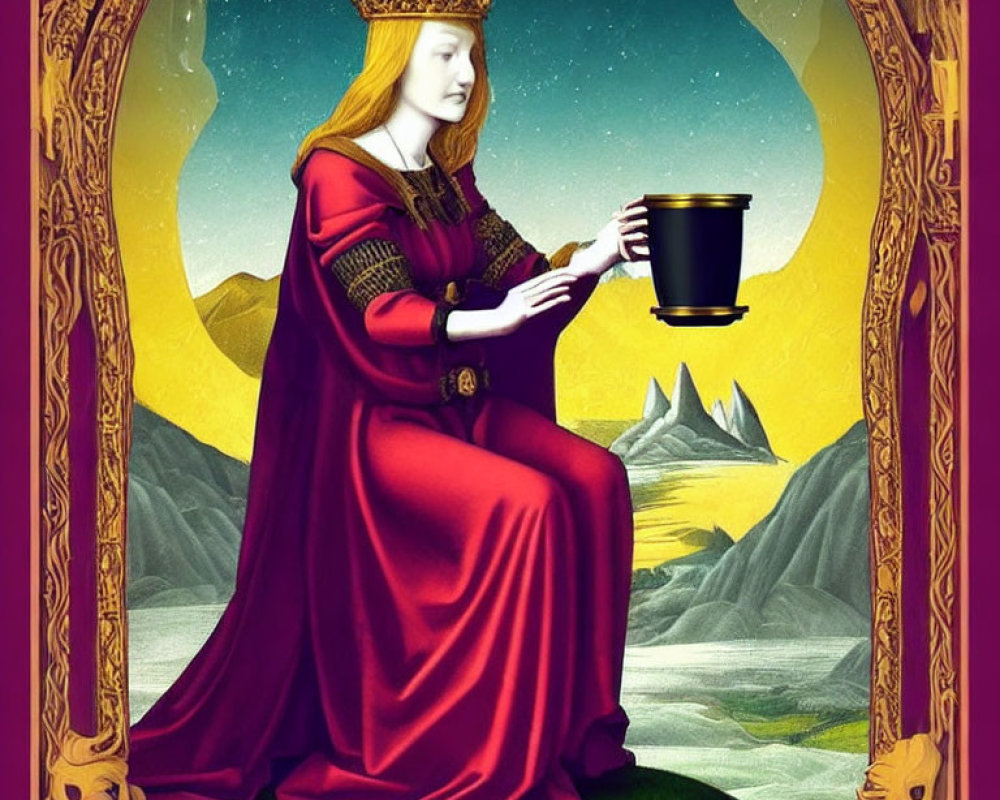 Stylized queen illustration in red robe with crown, holding cup, under golden arch with mountain backdrop