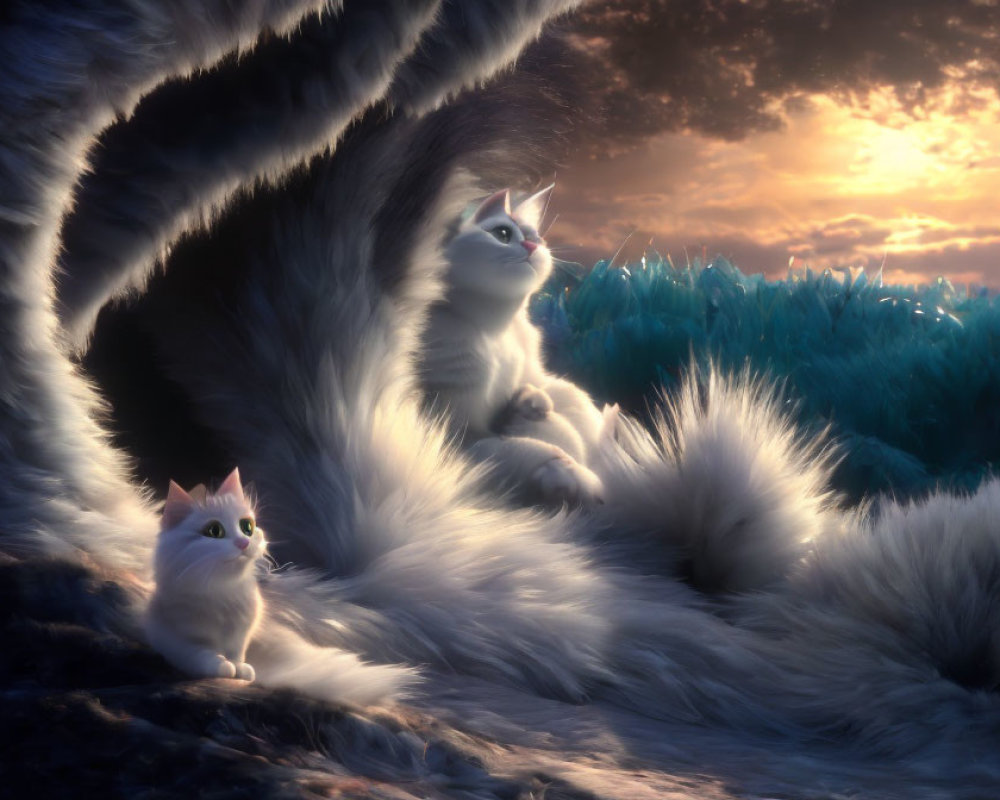 Fluffy white cats in surreal landscape with striking eyes