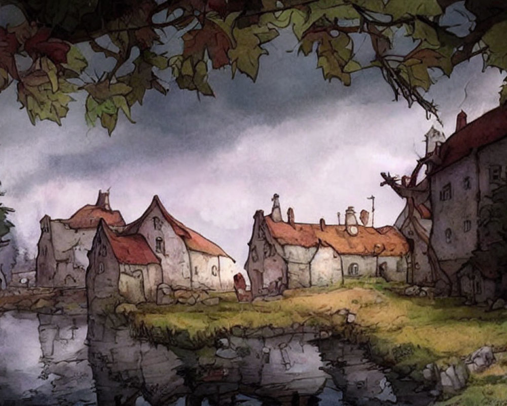 Whimsical village with stone cottages near stream under gloomy sky