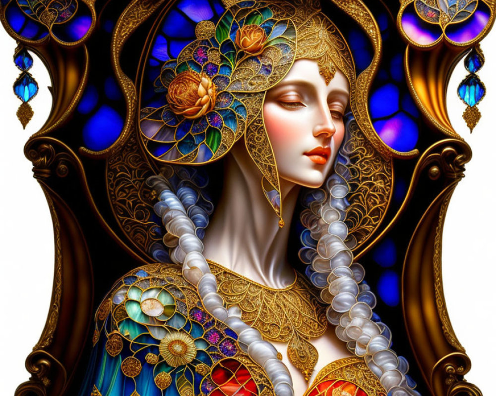 Stylized digital art of a woman with jewel-toned decorations