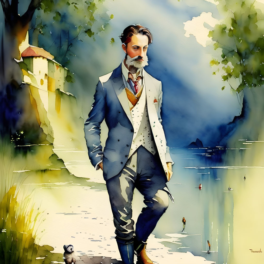 Stylish man with beard in blue suit by tranquil lake