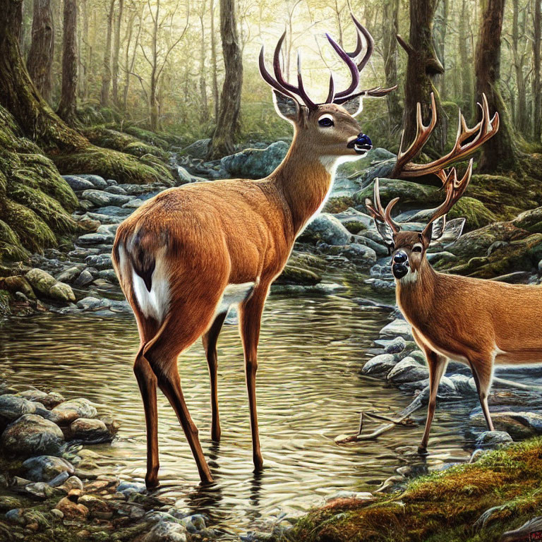 Realistic deer with tree branch antlers in serene forest scene
