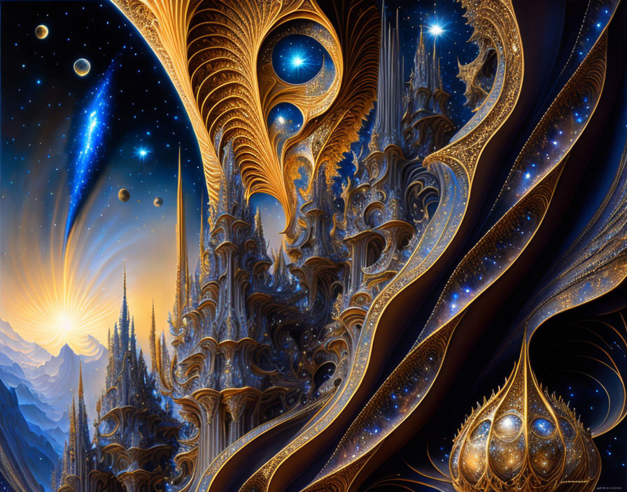 Intricate golden fractal structures with celestial bodies and mountains