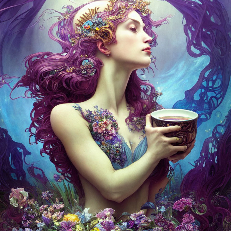 Purple-haired woman with chalice amidst flowers and flowing hair