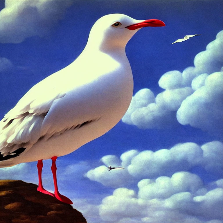 Surreal oversized seagull on rock with clouds and birds.