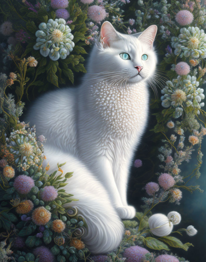 White Cat with Blue Eyes Surrounded by Flowers and Snail