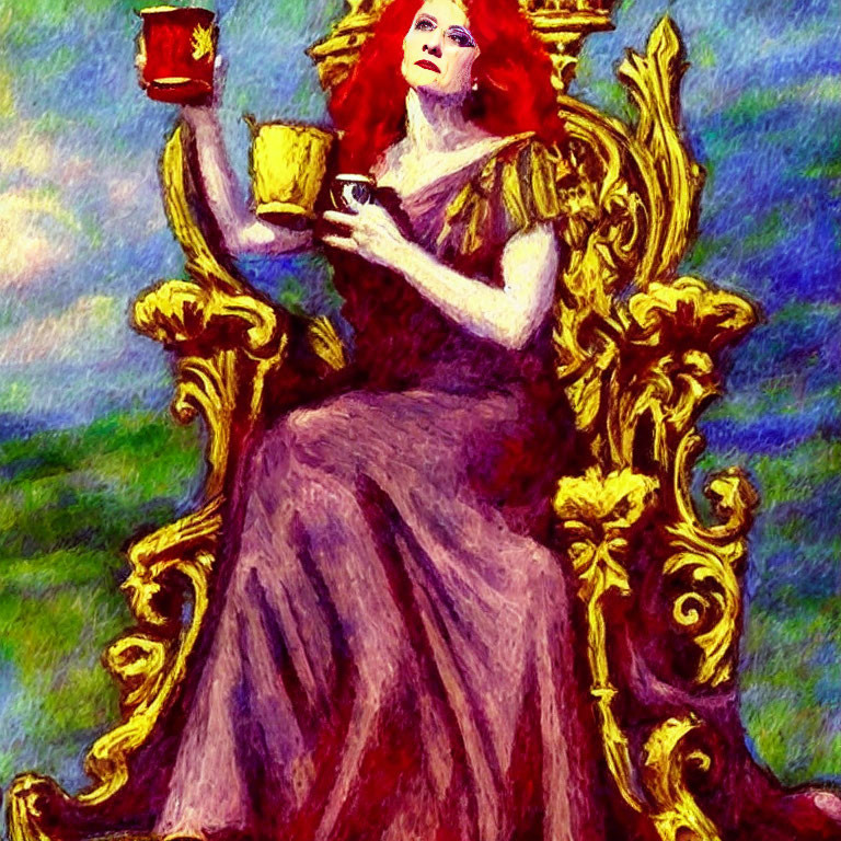 Red-Haired Woman in Purple Dress on Golden Throne with Cup